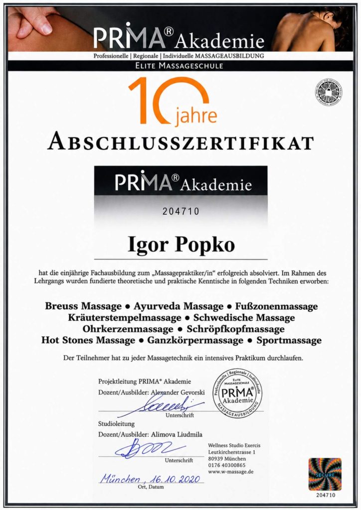 Abschlusszertifikat Massagepraktiker - Zertifikat