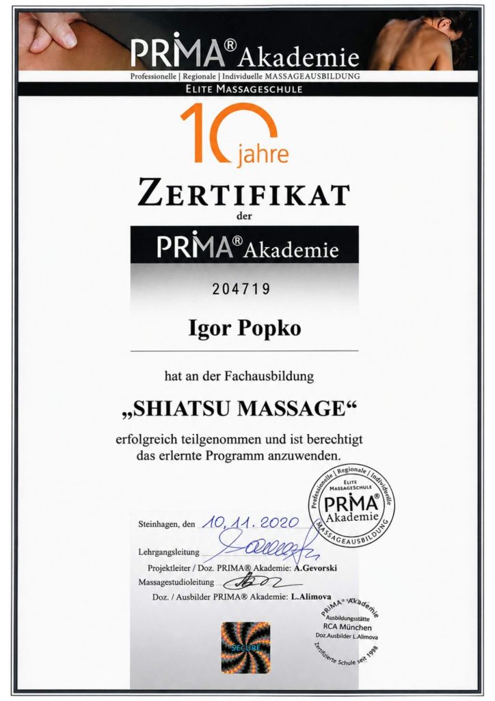 Shiatsu Massage - Zertifikat