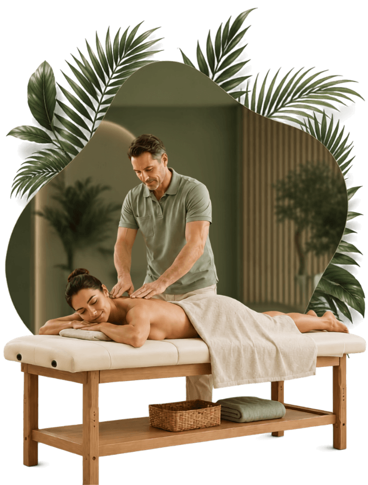 Wellness-Massage im Spa: Eine Frau genießt eine entspannende Rückenmassage auf einer Massageliege in natürlicher Atmosphäre